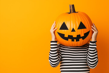 Halloween jack o lantern on a person's head, pumpkin head, orange background funny Halloween celebration