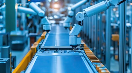 An assembly line in a factory with robotic arms working on products, showcasing automation in modern production