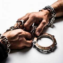 Two hands in heavy chains struggle to break free, symbolizing the fight for freedom and overcoming oppression. The stark contrast and detailed textures of the chains and hands create a powerful and