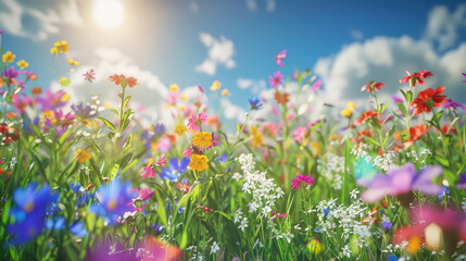 A field of flowers with a bright blue sky in the background