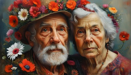 Wall Mural - Surrealist illustration of a person surrounded by flowers, blending fantasy and family joy for Grandparents Day with whimsical painted imagery and illusions