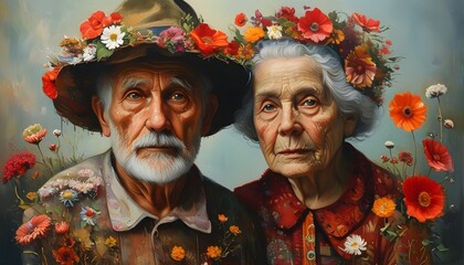 Poster - Surrealist illustration of a person surrounded by flowers, blending fantasy and family joy for Grandparents Day with whimsical painted imagery and illusions