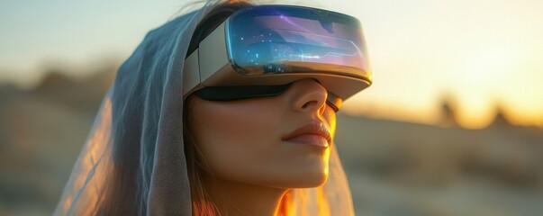 Middle eastern woman with smart reality goggles VR, technology panorama banner. Generative AI.