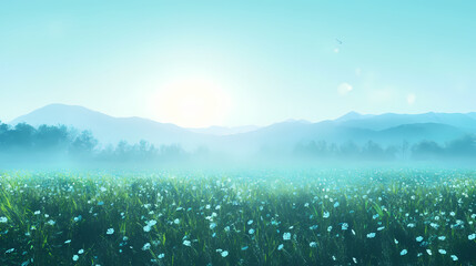 Panoramic view of a foggy green meadow with mountains in the background, a blue sky, the sunny morning light generative ai. Foggy Morning. Illustration