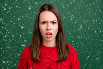 Canvas Print - Photo portrait girl wearing knitted pullover got bad mood shocked isolated green color background