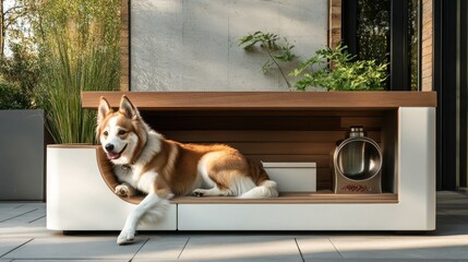 A dog condo with a built-in food and water station, combining convenience and comfort in one compact unit