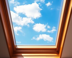 Bright skylight view showcasing clear blue sky and fluffy clouds, inviting natural light into the indoor space.