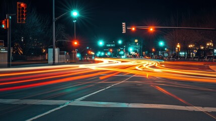 Poster - A nighttime urban scene with light trails from vehicles at an intersection.