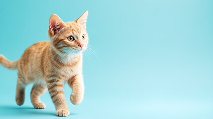 Wall Mural - orange ginger tabby cat walking on a light blue background cute fluffy feline with soft fur and curious expression adorable pet in a calm domestic setting