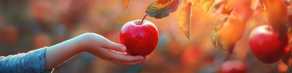 Poster - a child plucks an apple from a tree. Selective focus