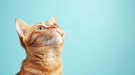 Wall Mural - orange ginger cat walking on a soft light blue background fluffy fur adorable whiskers and curious eyes playful domestic feline portrait in a serene scene