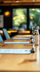 A well organized conference table set for meeting, featuring clear menus and glass of water, creates professional atmosphere. soft bokeh in background adds warm touch to setting