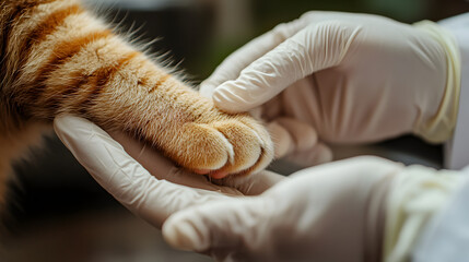 closeup female veterinarian hands in latex gloves examining cat paws, concept background for pet healt and veterinary