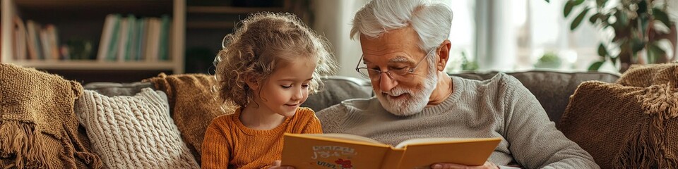 Grandparents reading July storybook to grandchildren in cozy living room