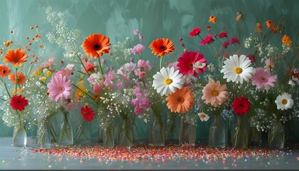 Vibrant wildflower garden wallpaper featuring colorful daisies and minimalist floral exhibition with playful confetti accents