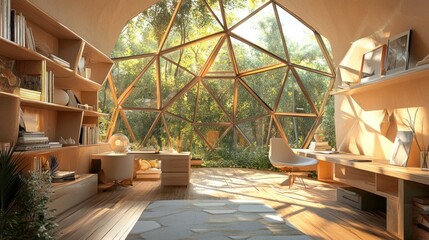 Modern wooden home office with a large window overlooking a green forest.