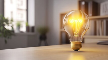 A glowing yellow lightbulb with a creative symbol, set on a light wooden desk with a neutral background, highlighting innovation.