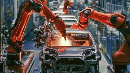 A modern car production factory with robotic arms assembling vehicles on the assembly line, showcasing precision manufacturing