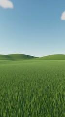 Poster - Vast green grassy field under a clear blue sky with clouds