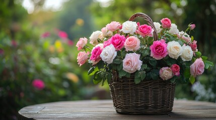 Sticker - A mix of pink and white roses in a charming vintage basket, resting on a garden table, capturing the beauty of nature.