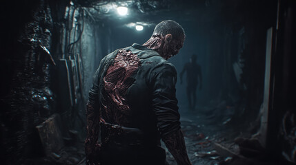 An infected humanoid figure with exposed muscle and decaying skin standing in an underground bunker, its body twitching uncontrollably in the dim light.