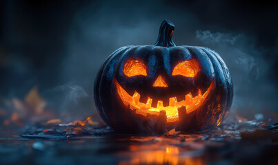 A pumpkin with a smiley face on it is lit up with a light. The pumpkin is on a table or ground, and there is smoke in the background