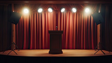 A podium with a backdrop of curtains and spotlights, set up for a political speech or debate