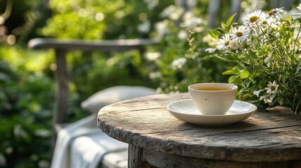 A peaceful garden retreat with a cup of herbal tea on a rustic table, offering a moment of relaxation.