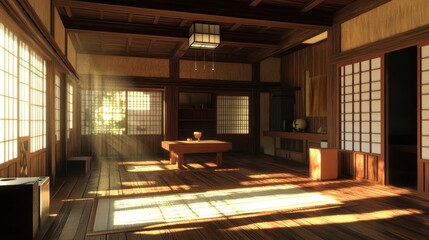 Wall Mural - Sunlight streams through the windows of a traditional Japanese home, illuminating the wooden floor and creating a warm and inviting atmosphere.