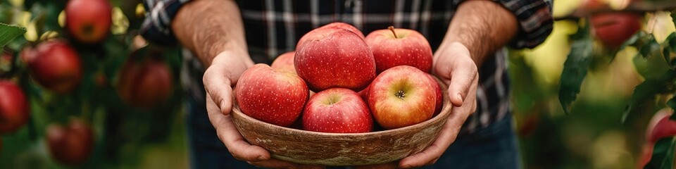 Poster - the farmer holds a bowl of apples in his hands. Selective focus