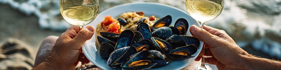 Wall Mural - clams and wine on the background of the beach. Selective focus