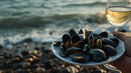 Wall Mural - clams and wine on the background of the beach. Selective focus