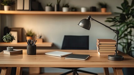 A wooden desk with a minimalist design, a desk lamp, and a stack of notebooks in a creative workspace