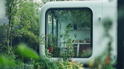 A white modern structure with a large window overlooking a lush green garden.