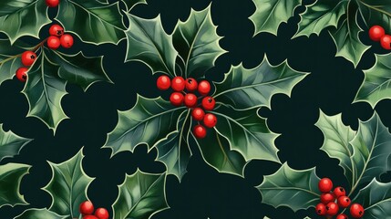 A seamless background with holly leaves and berries on a dark green background, creating a classic Christmas feel