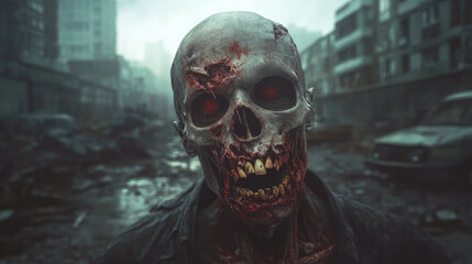 Wall Mural - Gory zombie face with half of the skull exposed, teeth broken and blood oozing from the gums. Its hollow, dead eyes are wide open, in front of a decayed urban setting.