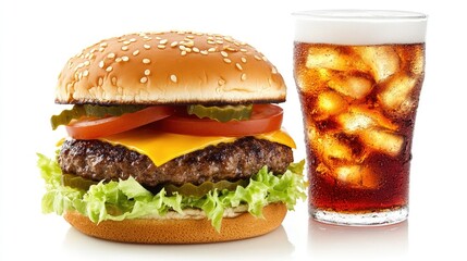 A classic cheeseburger with a juicy patty, lettuce, tomato, and pickles, served alongside an iced soda.