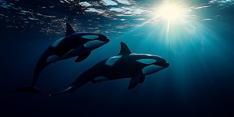 Two orca whales swimming gracefully in deep blue ocean