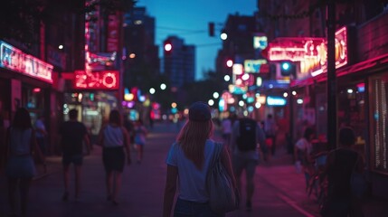 Wall Mural - A vibrant city street illuminated by neon lights at dusk, bustling with people.