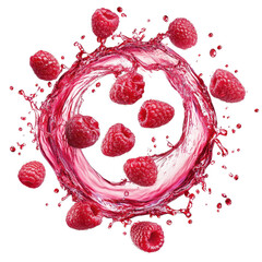 Fresh raspberries splashing in red juice  isolated transparent background