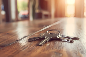 Keys on the table in new apartment or hotel room. Mortgage, investment, rent, real estate, property concept. 