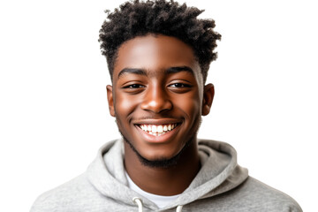 Happy Young Black Man in Grey Hoodie - isolated on White Transparent Background, PNG
