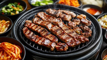 Wall Mural - Delicious Korean BBQ sizzling on a grill, surrounded by colorful side dishes