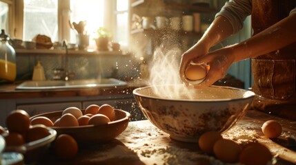 Cracking an Egg in a Cozy Kitchen: Sunlight and Flour Dust Fill the Air