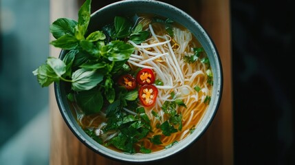 Poster - A bowl of aromatic noodle soup garnished with fresh herbs and chili peppers.