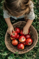 Sticker - the child collects apples in a basket. Selective focus