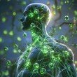 © Chano_1_na - Futuristic depiction of a human body with glowing green neural connections and particles, symbolizing advanced biology and technology.