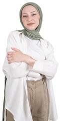 Wall Mural - Confident muslim woman, portrait of young caucasian confident muslim woman in hijab hold hands arms crossed folded looking camera, isolated transparent png background image.