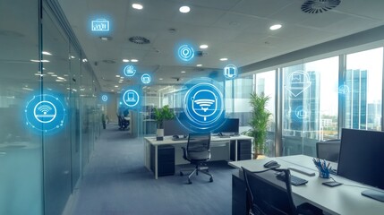 Modern office with glass walls and a blue, futuristic holographic interface showing office and connection icons.