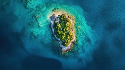 Aerial view of a lush, green island surrounded by vibrant turquoise waters.